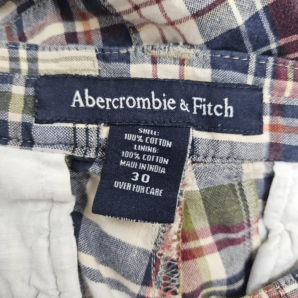 Y2k Abercrombie Fitch Madra Shorts Plaid Mens 30 Red Green Button Zip 9" - Picture 8 of 8